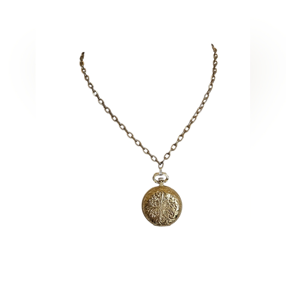 Elegant Gold Tone Pendant Vintage  Watch Necklace .
